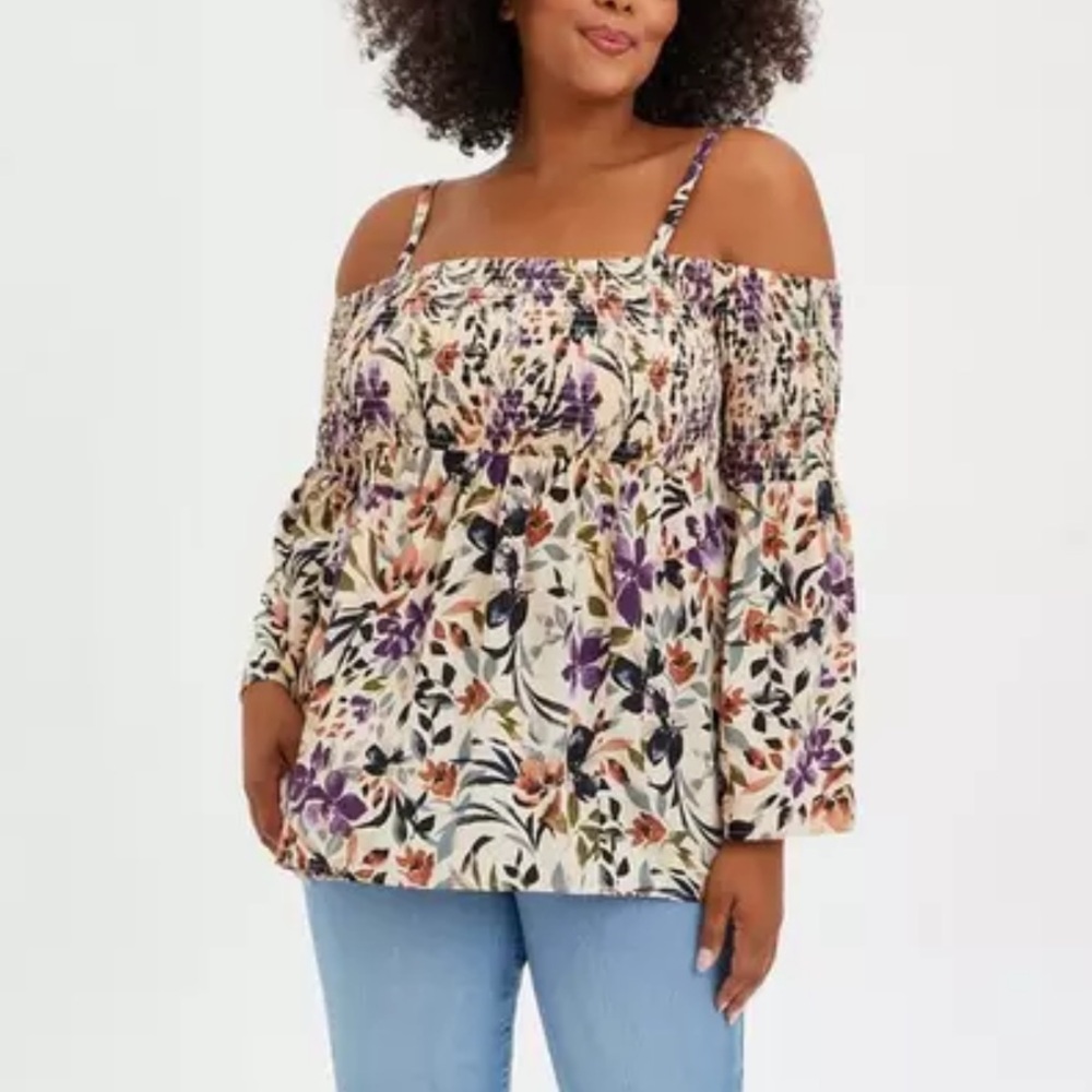 Torrid Women’s Taupe/Ivory Smocked Floral Challis Cold Shoulder Top Plus Sz 4X